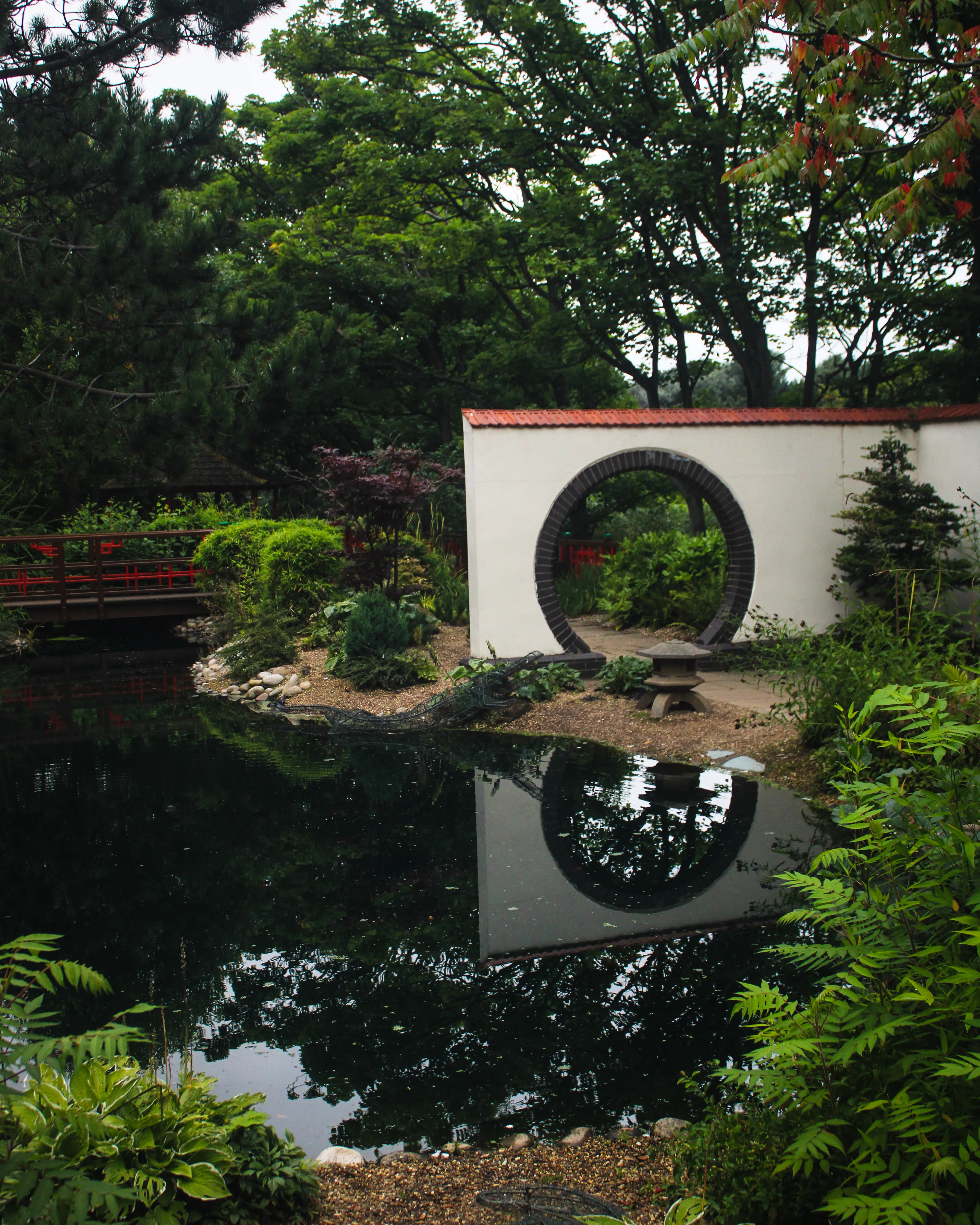 A pond with a walkway